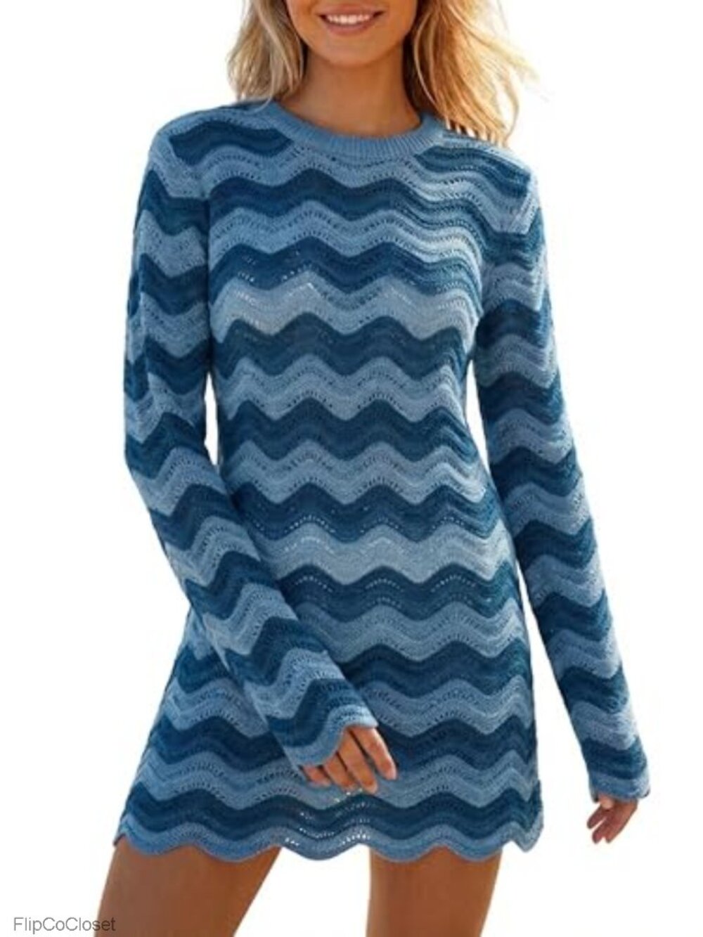 Crochet Knit Cover Up Long Sleeve Crew Neck Mini Dress Beach Swimwear
